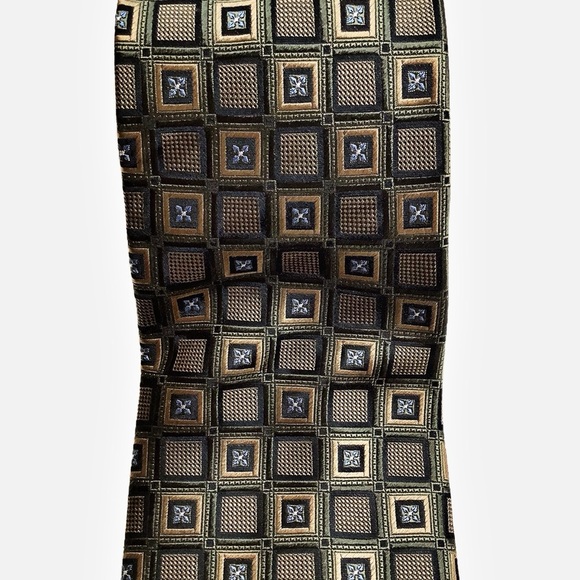 VINTAGE Italian Green & Gold Geometric Woven Silk Tie - Picture 11 of 12